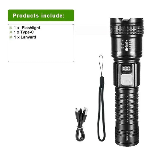 High Strong Power Led Flashlights 30000000LM Tactical Torch with Display Light USB Charging Camping Fishing Emergency Zoom Lamps Ocoee Botanicals