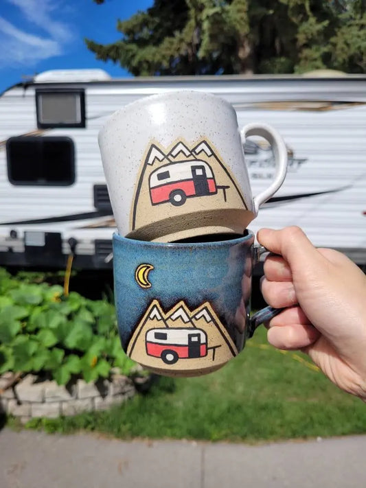Handmade Ceramic Mug, Modern Camping Trailer Design, Wheel Thrown, Hand Painted Mug for Coffee or Tea Lovers, Unique Gift! Ocoee Botanicals